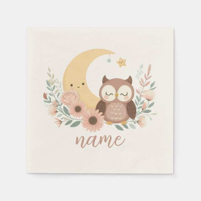 Niedliche Eule mit Mond Serviette (Vorderseite)