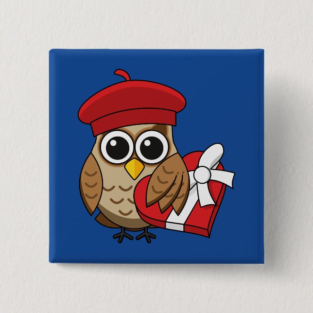 Niedliche Eule mit Red Beret and Heart Box Button (Vorderseite)