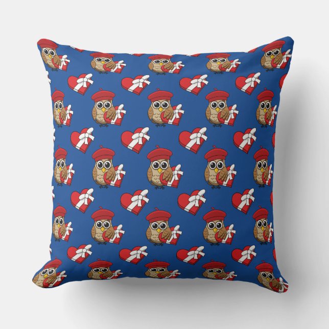 Niedliche Eule mit Red Beret and Heart Box Kissen (Vorderseite)