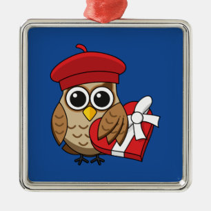 Niedliche Eule mit Red Beret and Heart Box Ornament Aus Metall