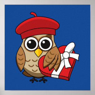 Niedliche Eule mit Red Beret and Heart Box Poster