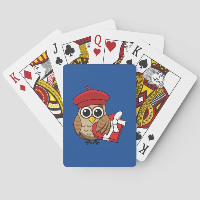 Niedliche Eule mit Red Beret and Heart Box Spielkarten (Rückseite)
