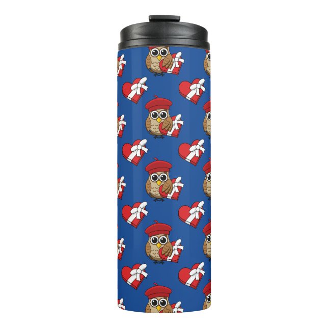 Niedliche Eule mit Red Beret and Heart Box Thermosbecher (Vorderseite)