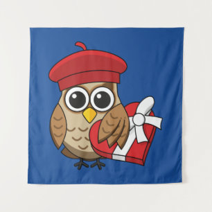 Niedliche Eule mit Red Beret and Heart Box Wandteppich