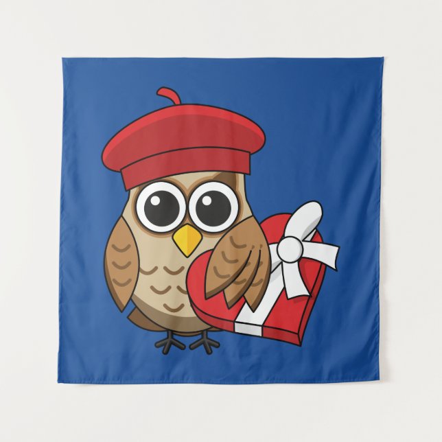 Niedliche Eule mit Red Beret and Heart Box Wandteppich (Vorderseite)