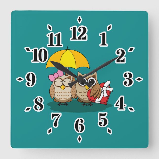 Niedliche Eule mit Schirm und Schokolade Quadratische Wanduhr (Vorderseite)