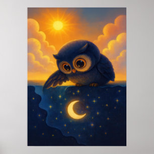 Niedliche Eule mit Sonne und Mondfantasie Poster