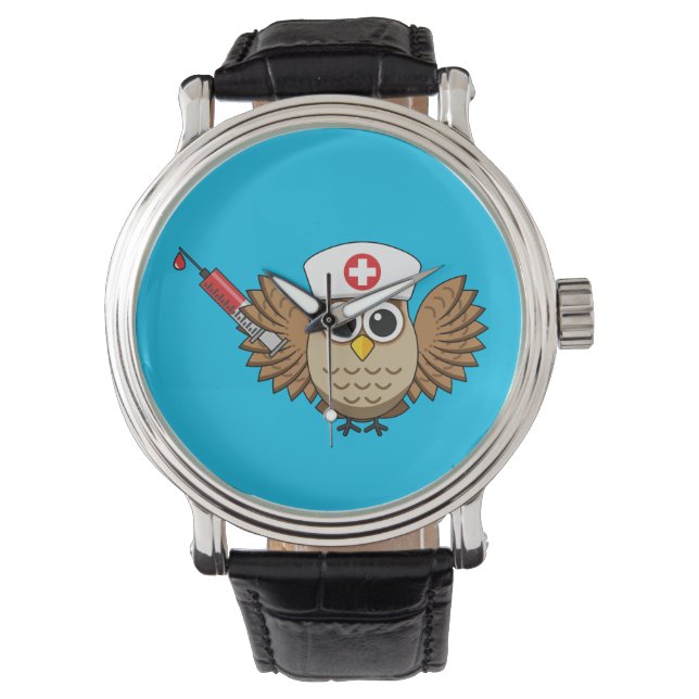 Niedliche Eule mit Spritze Cartoon Armbanduhr (Vorderseite)