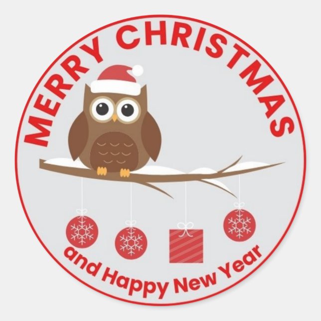 Niedliche Eule mit Weihnachten und Neujahrskarten Runder Aufkleber (Vorderseite)