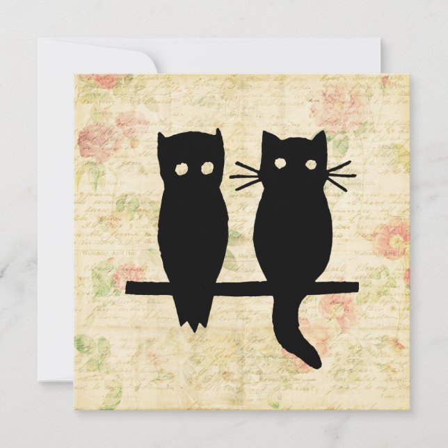 Niedliche Eule und Katze Mitteilungskarte (Vorderseite)