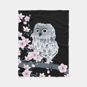 Niedliche Eule und Kirschblüten Rosa Schwarz Fleecedecke