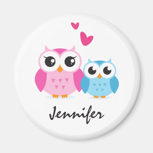 Niedliche Eulen aus Cartoon mit personalisiertem N Magnet (Vorne)