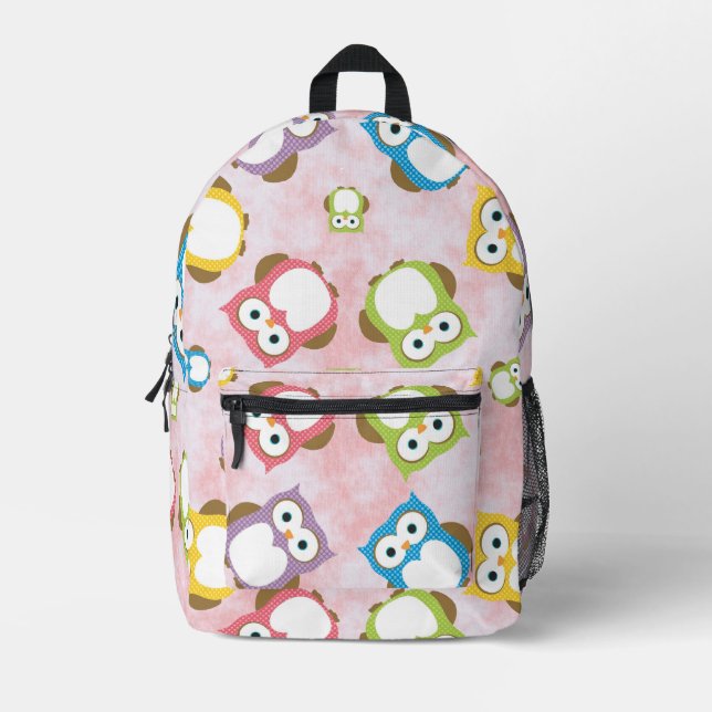 Niedliche Eulen, Eukalyptusmuster, farbige Eulen,  Bedruckter Rucksack (Vorderseite)