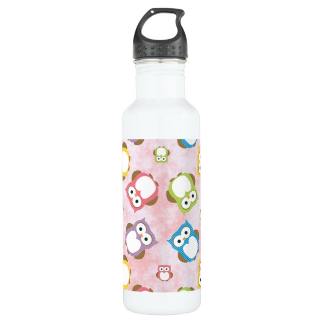 Niedliche Eulen, Eukalyptusmuster, farbige Eulen,  Edelstahlflasche (Vorderseite)