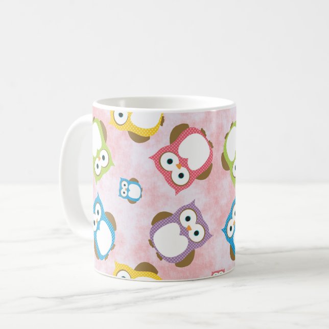 Niedliche Eulen, Eukalyptusmuster, farbige Eulen,  Kaffeetasse (Vorderseite Links)