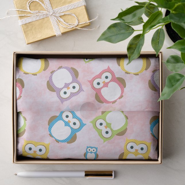 Niedliche Eulen, Eukalyptusmuster, farbige Eulen,  Seidenpapier (Geschenk)