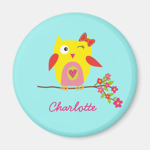 Niedliche Eulen-Gelb-Rosa-Illustration Magnet