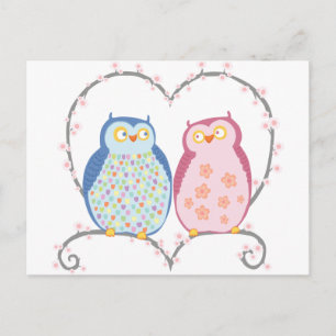 Niedliche Eulen in der Liebe Herz Pink Blau Klette Postkarte