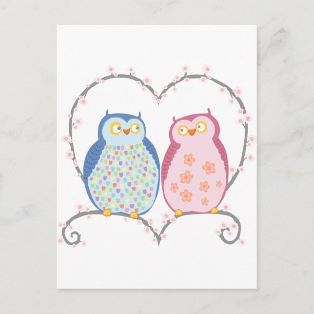 Niedliche Eulen in der Liebe Herz Pink Blau Klette Postkarte (Vorderseite)