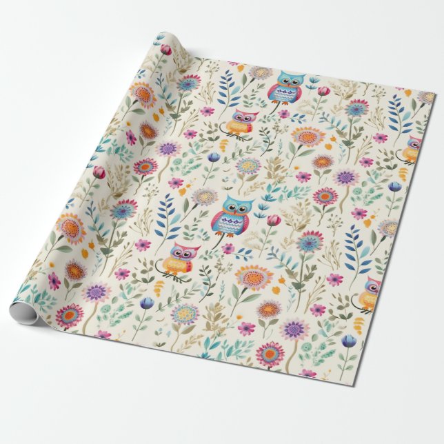 Niedliche Eulen in Florals Geschenkpapier (Ungerollt)