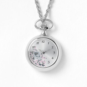 Niedliche Eulen-Kirschblüten-rosa silberne Zahlen Armbanduhr