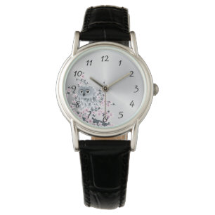 Niedliche Eulen-Kirschblüten-rosa Zahlen Armbanduhr
