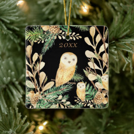 Niedliche Eulen Schwarzer Pinienwald Weihnachtsjah Keramikornament