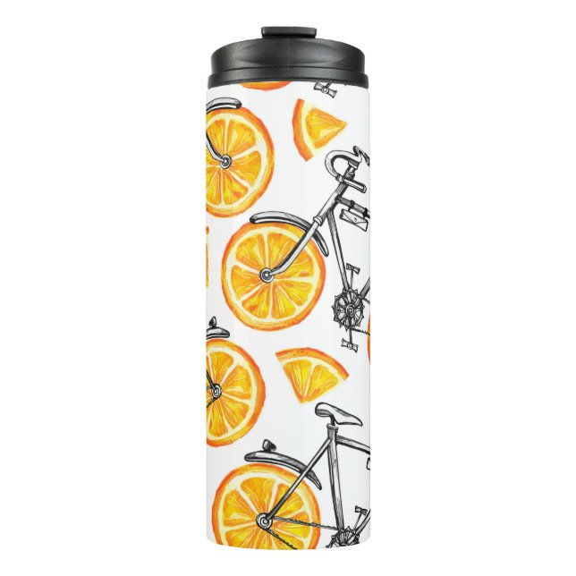 Niedliche Fahrräder mit orangefarbenen Rädern. Was Thermosbecher (Vorderseite)