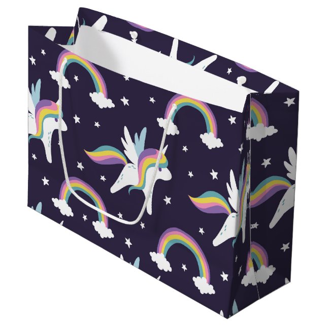 Niedliche Fairy Unicorn + Regenbogen, blauer Hinte Große Geschenktüte (Vorderseite Schrägansicht)