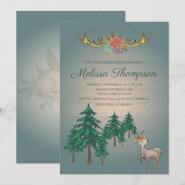 Niedliche Fairytale Woodland Deer Animals Baby Dus Einladung (Vorne/Hinten)
