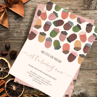 Niedliche Fall Pink Acorns Girl First Birthday Par Einladung