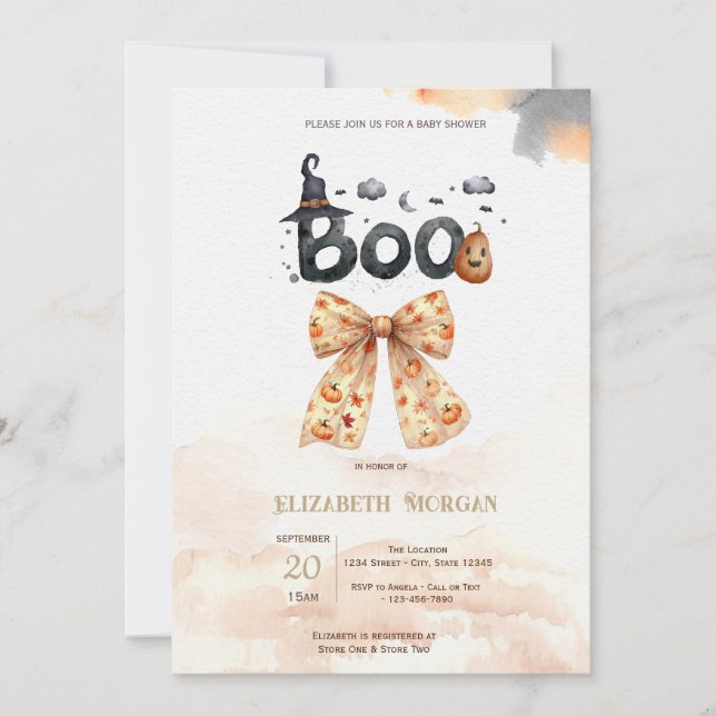 Niedliche Fall Pumpkins Bow Boo Baby Dusche Einladung (Vorderseite)