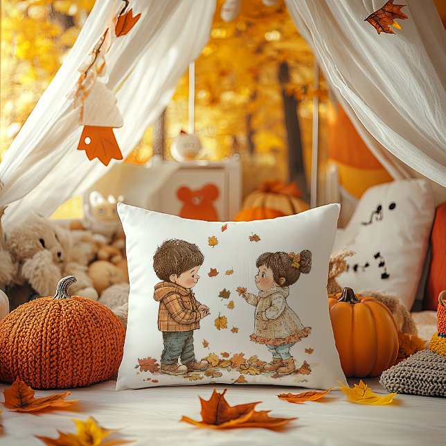 Niedliche Fallkinder Kissen (Cute Children Playing in the Fall Throw Cushion)