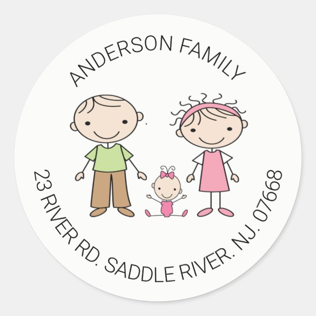 Niedliche Familie mit 3 Rücksendeadressen Classic  Runder Aufkleber (Vorderseite)