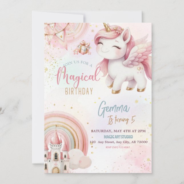 Niedliche Fantasie Rosa Gold Einhorn Burg Einladung (Vorderseite)