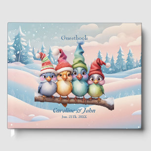 Niedliche Fantasievögel mit Weihnachtshüten. Gästebuch