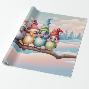 Niedliche Fantasievögel mit Weihnachtshüten. Geschenkpapier