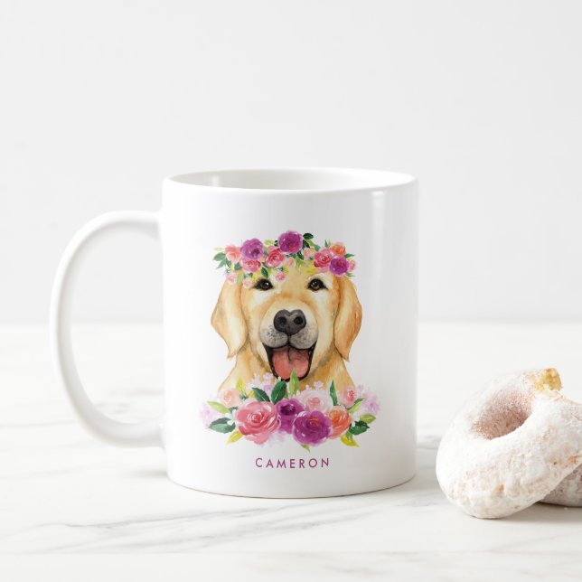 Niedliche Farbe Golden Retriever Lila Blume Kaffeetasse (Mit Donut)