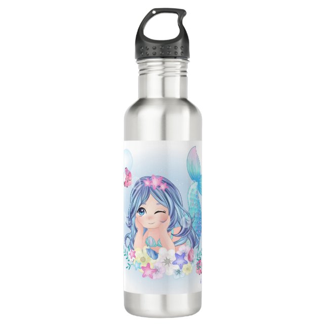 Niedliche Farbe Mermaid Kids Personalisierter Name Edelstahlflasche (Vorderseite)