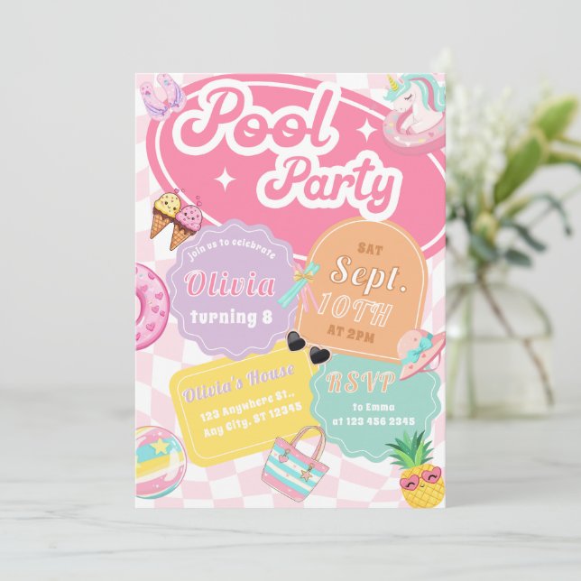 Niedliche Farben Sommer Schwimmbad Party Geburtsta Einladung (Stehend Vorderseite)