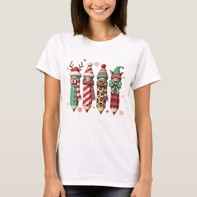 Niedliche farbenfrohe festliche Pencils Lehrerin T-Shirt (Vorderseite)