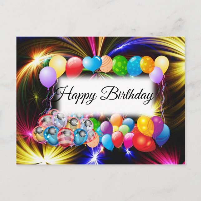 Niedliche, farbenfrohe Feuerwerke, Balloons, Gebur Postkarte (Vorderseite)