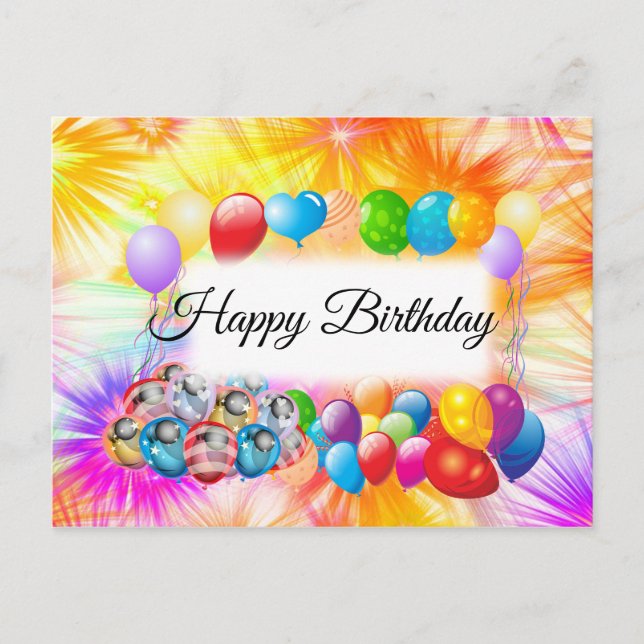 Niedliche, farbenfrohe Feuerwerke, Balloons, Gebur Postkarte (Vorderseite)