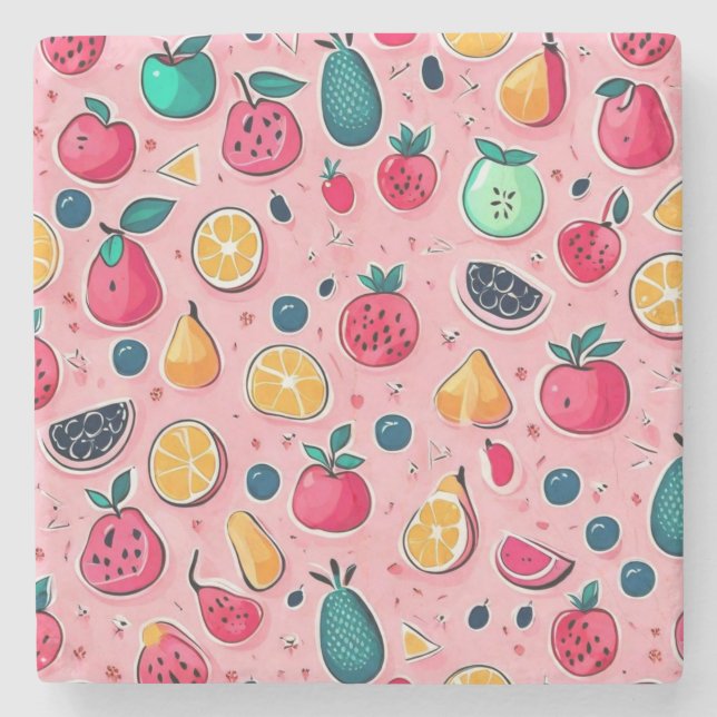 Niedliche, farbenfrohe Früchte rosa Dekoration Steinuntersetzer (Vorderseite)