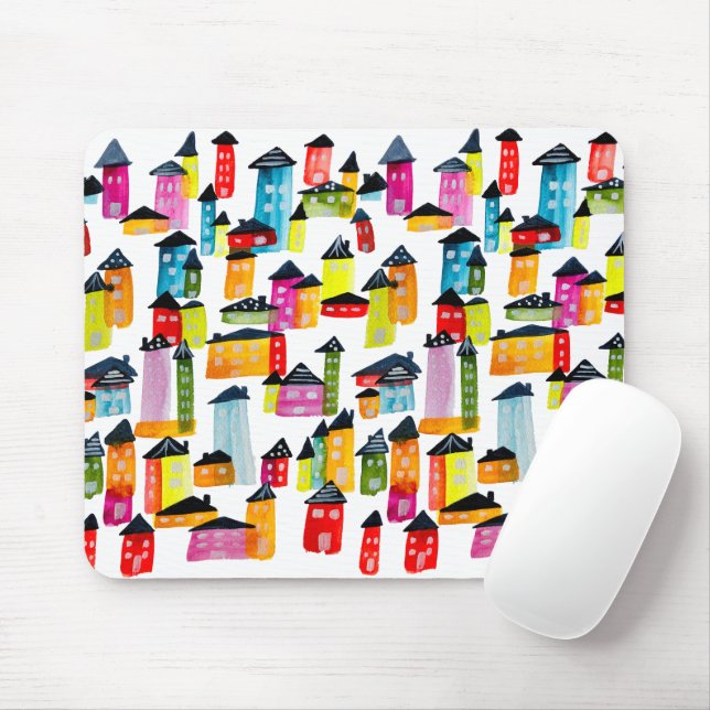 Niedliche farbenfrohe Häuser Aquarellkunst Mousepad (Mit Mouse)