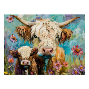 Niedliche, farbenfrohe Hochlandkuh und Kalb auf ei Poster