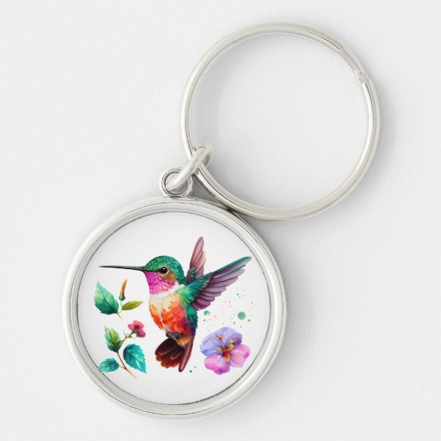 Niedliche Farbenfrohe Hummingvogel und Blume Schlüsselanhänger (Vorne)