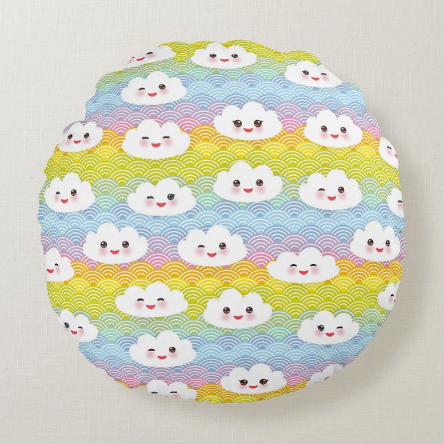 Niedliche Farbenfrohe Kawaii Emoji Clouds Muster Rundes Kissen (Vorderseite)