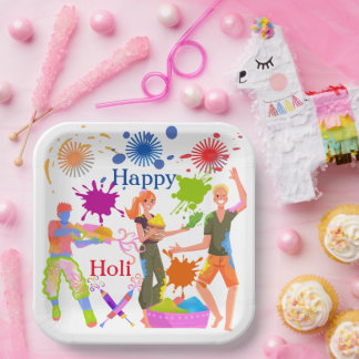 Niedliche farbenfrohe Kinder, die Holi-Party spiel Pappteller