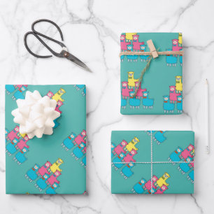 Niedliche, farbenfrohe Lama-Alpaca-Tiere aquamarin Geschenkpapier Set